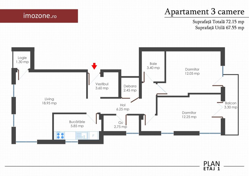 Apartament 3 camere, 2 bai, 2 balc., bloc nou, finisat la cheie, centrala termica